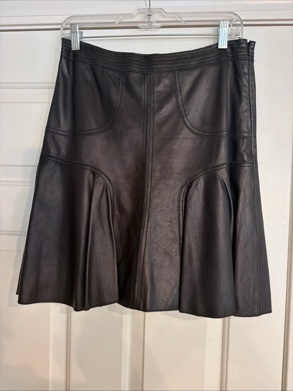 Halogen Black Leather A-Line Skirt with panel looking pockets . Ruffle bottom
